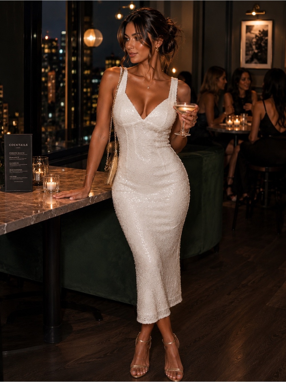 Fashion Nova White Sequin V-Neck Midi Dress